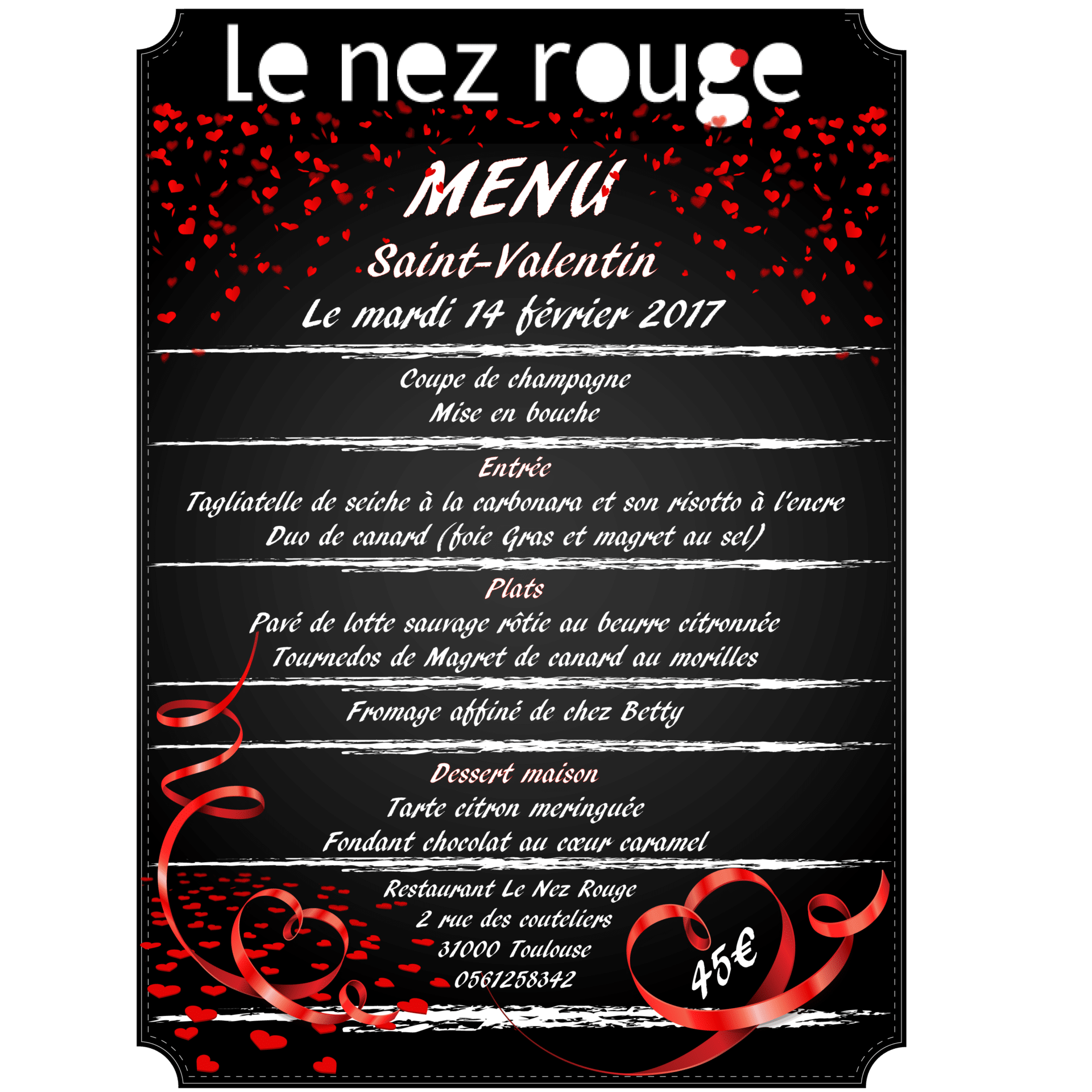 Notre Menu pour la Saint Valentin 2017 Nez Rouge